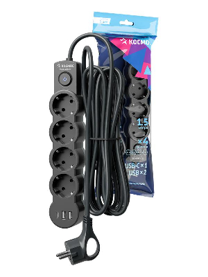 Удлинитель 3х1.5м с заземл. 10А IP20 USB 2500Вт 220В ПВС 3х1 с выкл. черн. КОСМОС YKsm1.5m4g-Z-VU10А-B