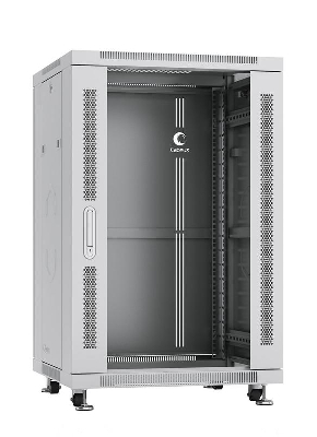Шкаф монтажный телекоммуникационный напольный SH-05C-18U60/80 19дюйм 18U 600х800х988мм для распределит. и серверн. оборудования передн. стеклян. и задн. сплошн. метал. двери ручка с замком сер. RAL 7035 Cabeus 7048c