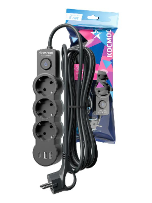 Удлинитель 3х3м с заземл. 10А IP20 USB 2800Вт 220В ПВС 3х1 с выкл. черн. КОСМОС YKsm3m3g-Z-VU10А-B