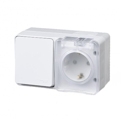 Блок ОП AtlasDesign Profi54 розетка 16А 250В с заземл. с защ. шторками + 1-кл. выключатель 10А бел. SchE ATN540170