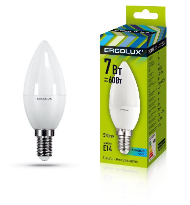 Лампа светодиодная LED-C35-7W-E14-4500K "Свеча" 172-265В Ergolux 12135