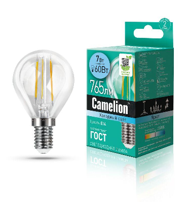 Лампа светодиодная филаментная LED7-G45-FL/845/E14 7Вт шар прозрачная 4500К бел. E14 207-244В Camelion 13458