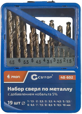 Набор сверл по металлу с кобальтом 5ти-проц. в метал. коробке; 1-10мм (через 05мм) 19шт Profi Cutop 48-602