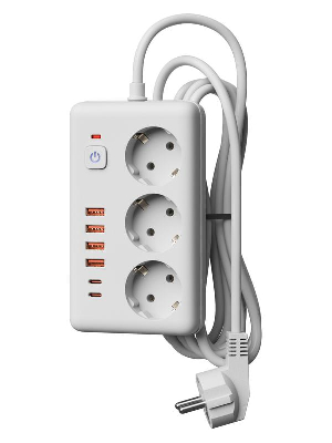 Удлинитель с сетевым фильтром 3х3м 10А 4USB + 2USBC 2500Вт ПВС 3х1 прямоуг. бел. КОСМОС FKsm3m-3gPF(W)USB