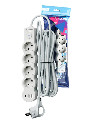 Удлинитель 3х1.5м с заземл. 10А IP20 USB 2500Вт 220В ПВС 3х1 с выкл. бел. КОСМОС YKsm1.5m4g-Z-VU10А-W