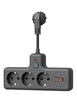 Удлинитель с сетевым фильтром 3х0.3м 10А 2USB + 1USBC 2500Вт ПВС 3х1 компакт черн. КОСМОС FRKsm0.3m-3g(B)USB